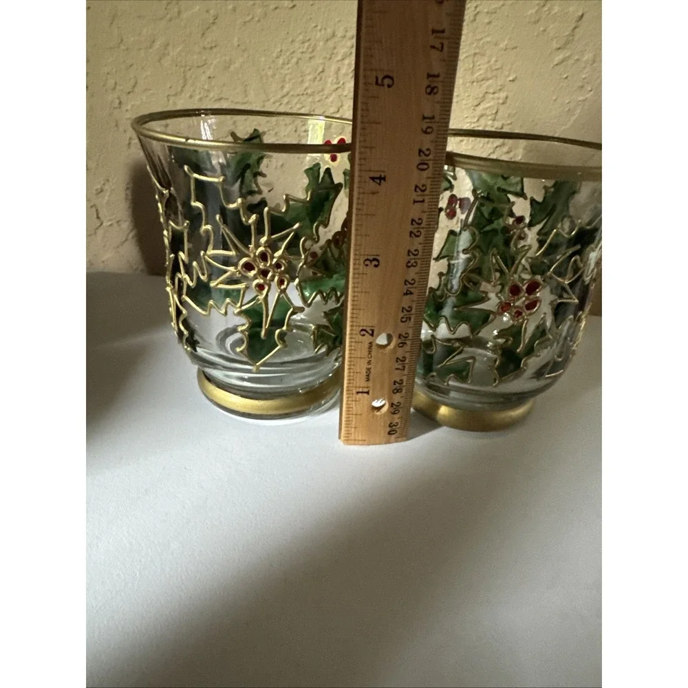 Fifth Avenue Crystal Votives Set of 2 Holly Berry Christmas Decor 4.5 Inches